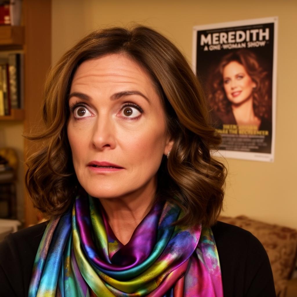 Meredith Vane — headshot with one-woman-show poster in background